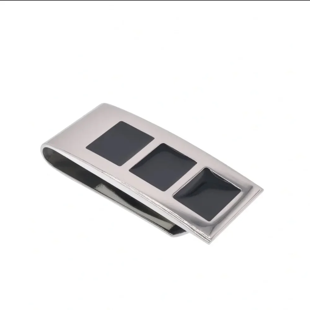Rhodium Plated Stainless Steel Three Black Enamel Squares 22mm x 48mm Money Clip